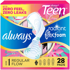 Always Radiant FlexFoam Teen Pads Regular Absorbency with Wings - Unscented - 28ct