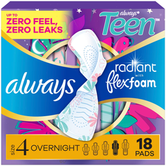 Always Radiant Teen Overnight Menstrual Pads - Size 4 - Unscented - 18ct