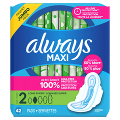 Always Maxi Pads Long Super Absorbency Unscented with Wings - Size 2 - 42ct