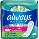 Always Ultra Thin Pads Size 2 Super Long Absorbency Unscented Without Wings - 40ct
