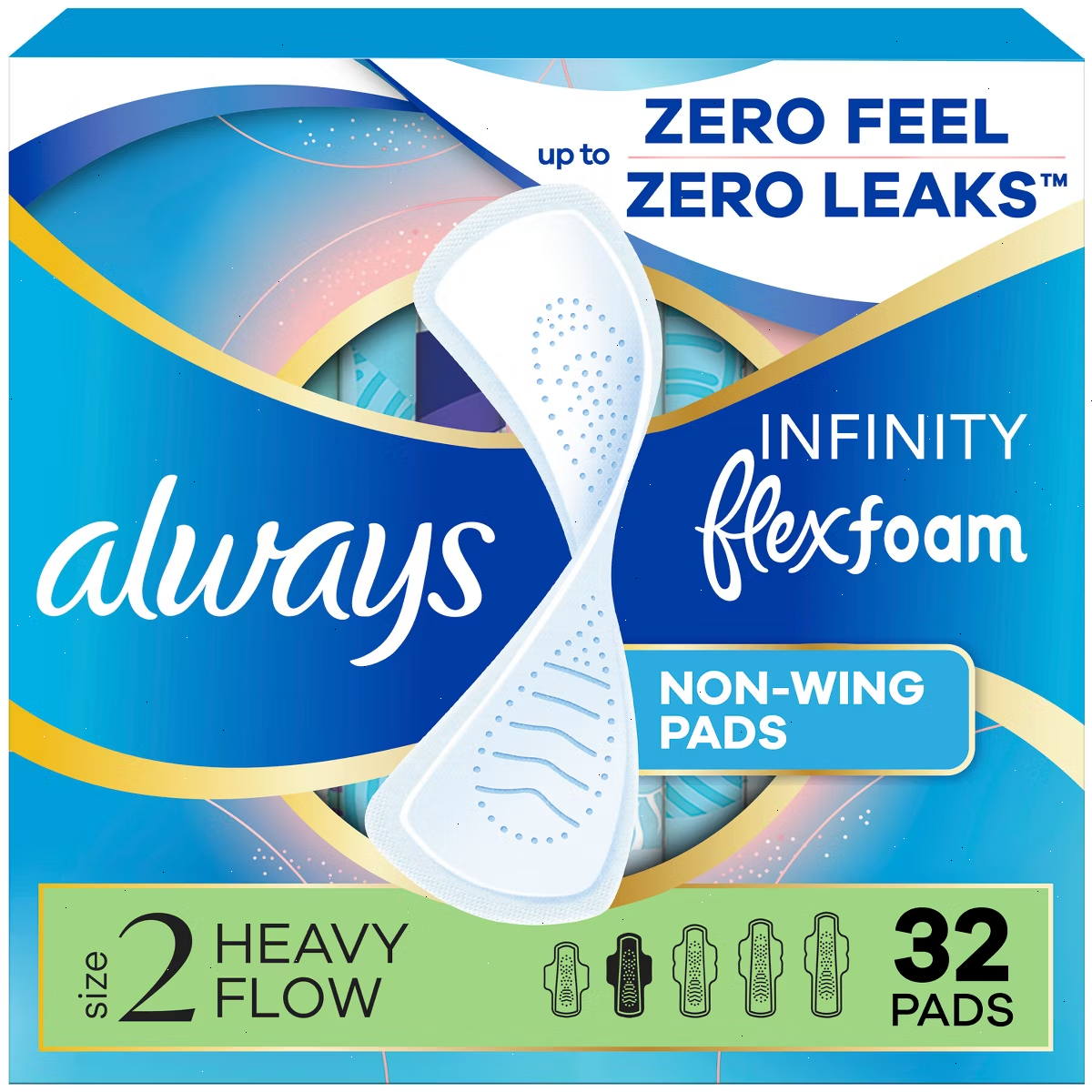 Always Infinity FlexFoam Pads without Wings - Super Absorbency - Unscented - Size 2 - 32ct