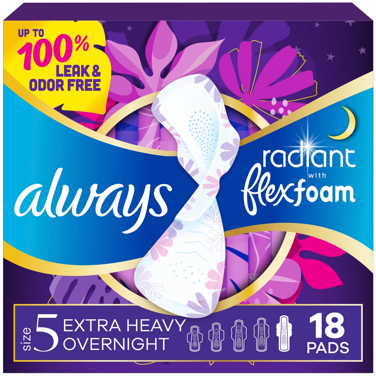 Always Radiant Extra Heavy Absorbency Overnight Sanitary Pads with Wings - Scented - Size 5